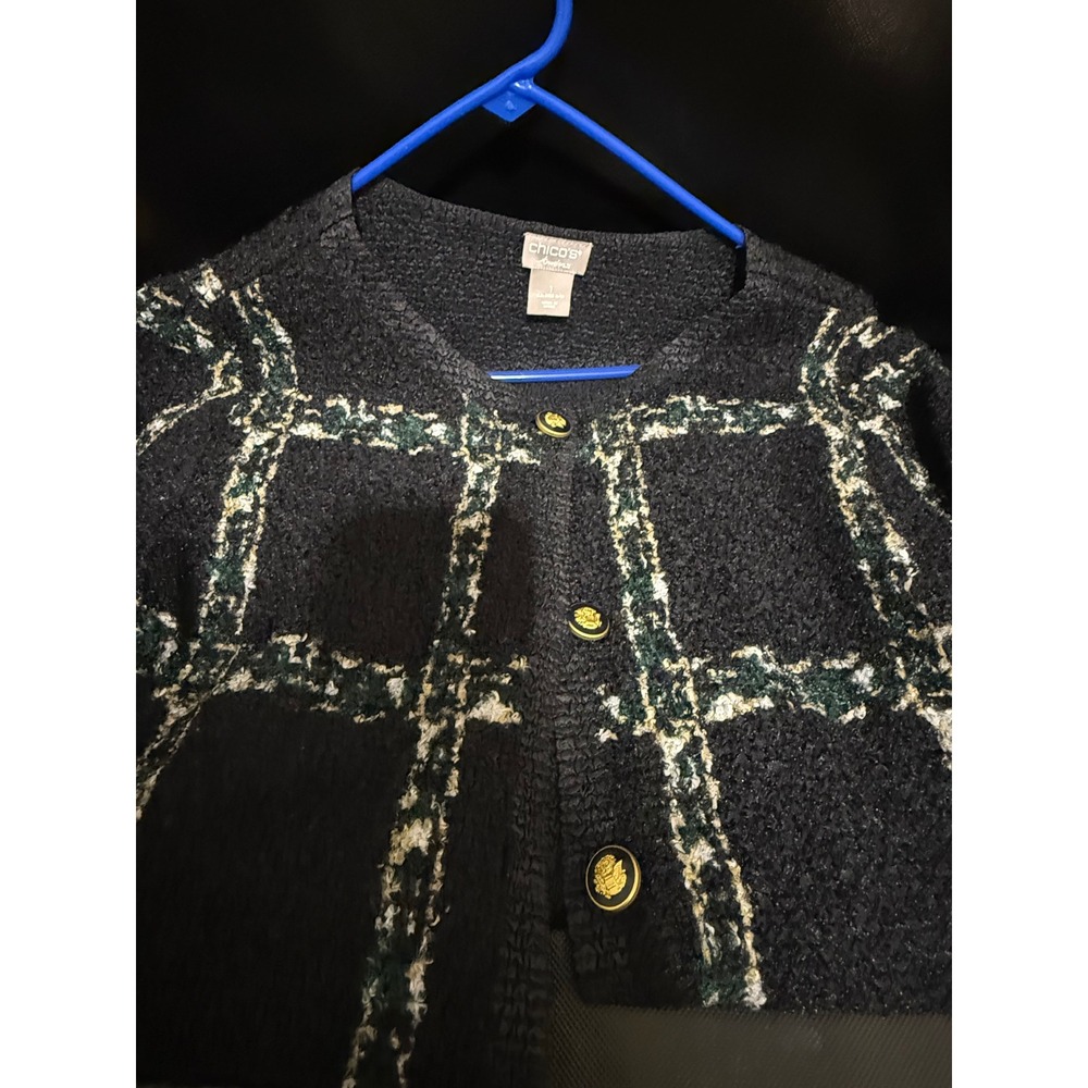 Chicos Black Green Plaid Button Front Boucle Knit Cardigan Sweater Womens Sz L